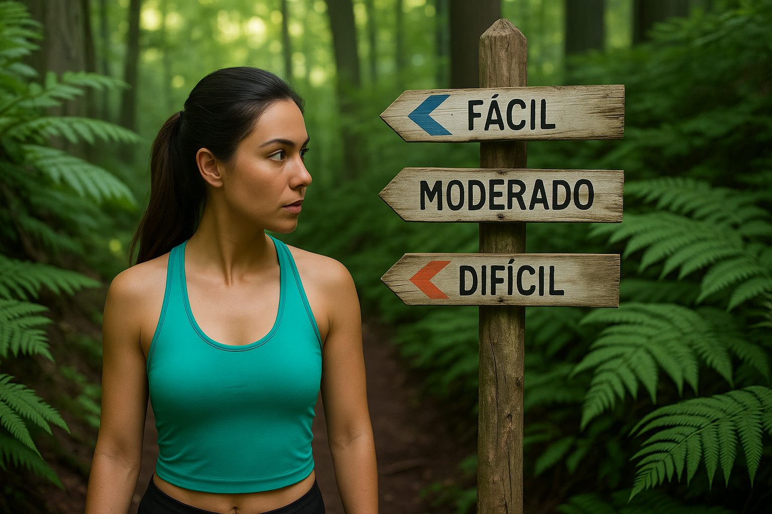 Mujer en la naturaleza mirando un cartel que señala 3 niveles de rutas: fácil, moderado y difícil